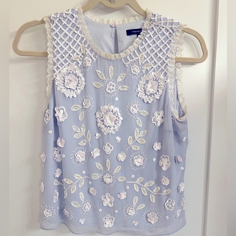 French Connection Light Blue Shell Top with White Beading and Lace